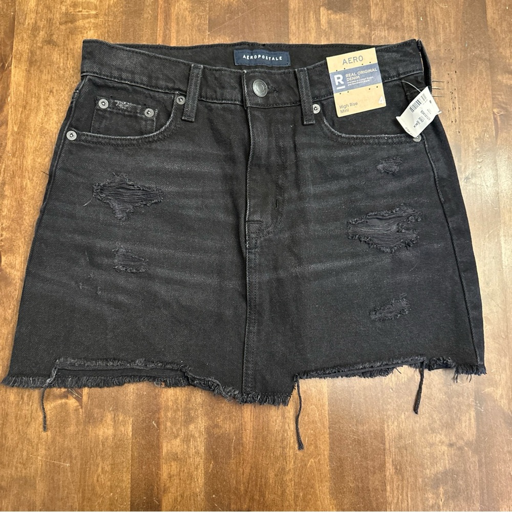 New Aeropostale High Rise Mini Denim Skirt Distressed Grunge Black Size 4 🖤